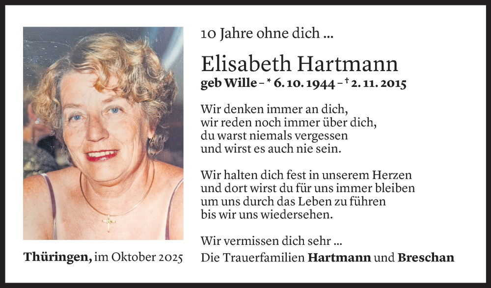  Todesanzeige für Elisabeth Hartmann vom 31.10.2025 aus Vorarlberger Nachrichten