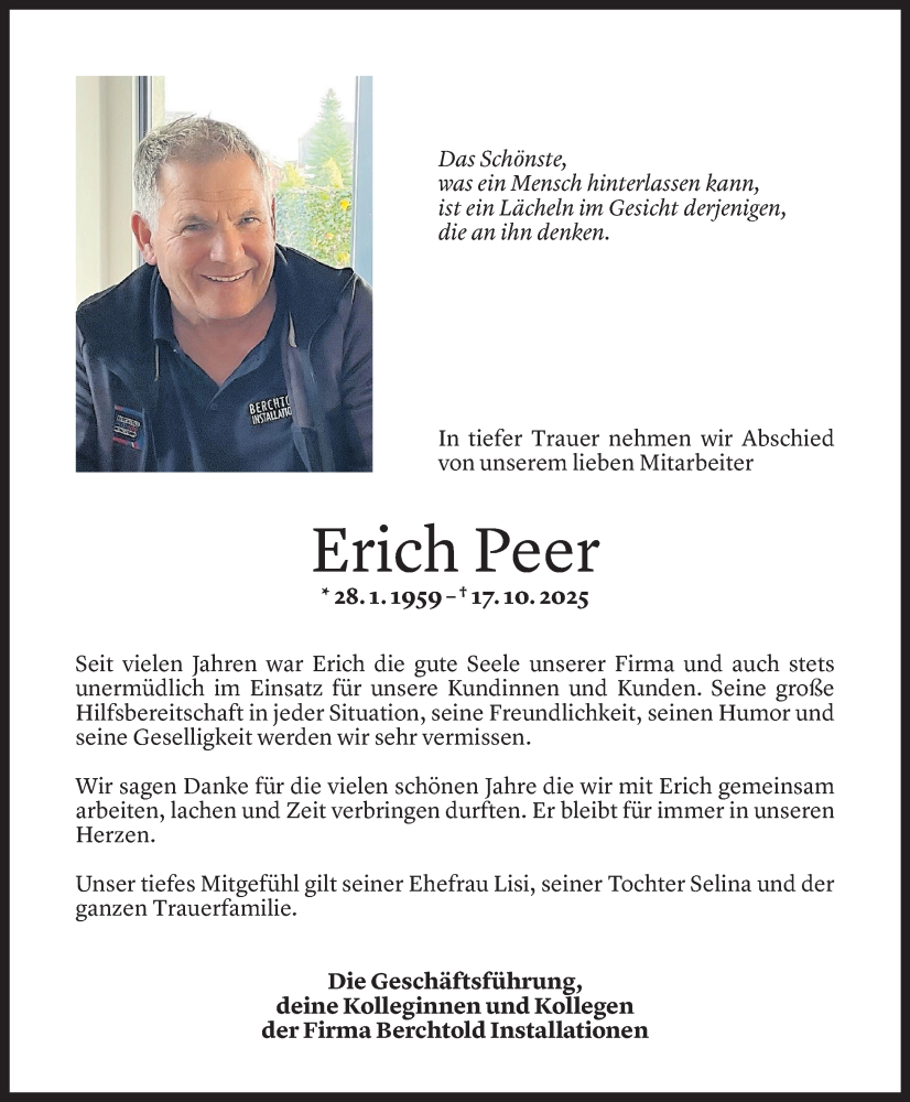  Todesanzeige für Erich Ludwig Peer vom 23.10.2025 aus Vorarlberger Nachrichten