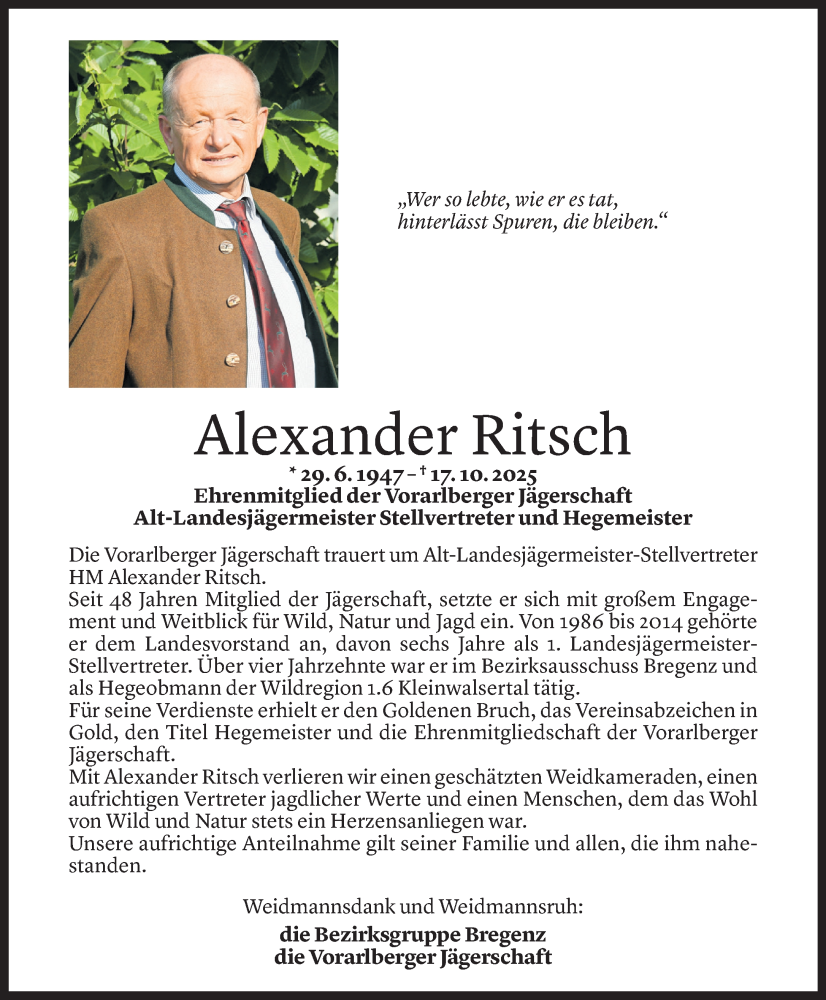  Todesanzeige für Alexander Ritsch vom 23.10.2025 aus Vorarlberger Nachrichten