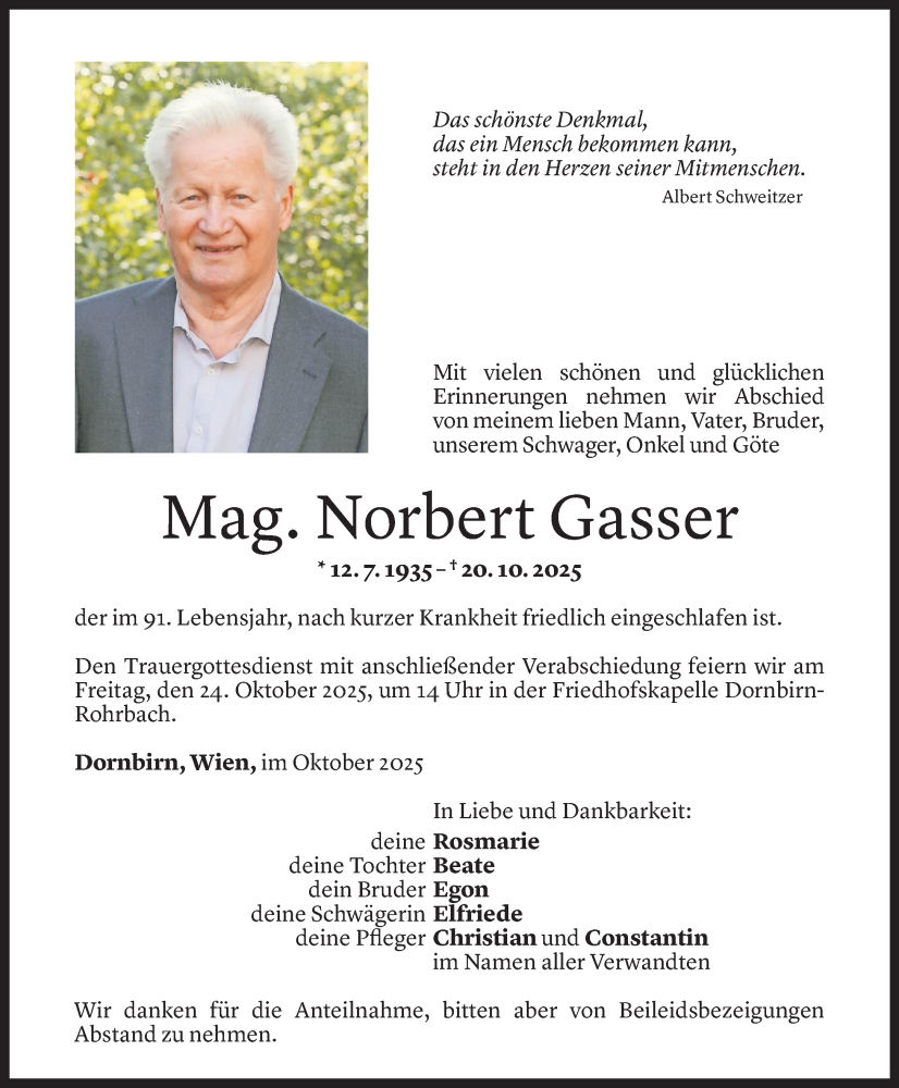  Todesanzeige für Norbert Gasser vom 21.10.2025 aus Vorarlberger Nachrichten