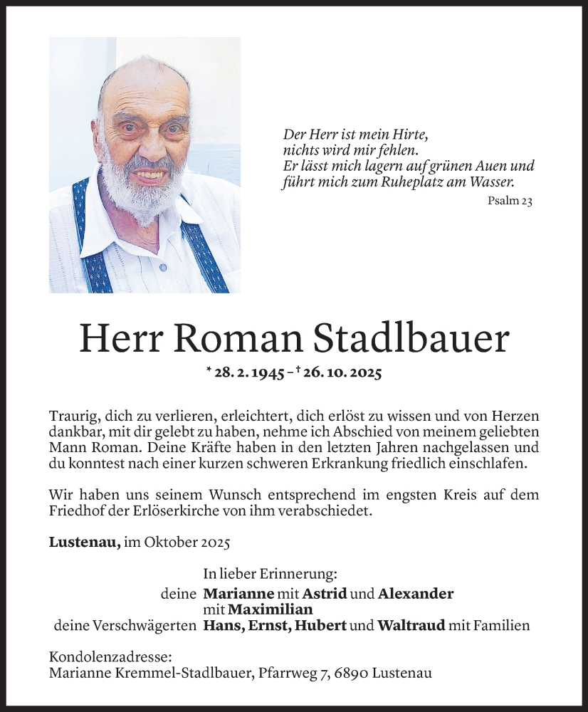  Todesanzeige für Roman Stadlbauer vom 05.11.2025 aus Vorarlberger Nachrichten