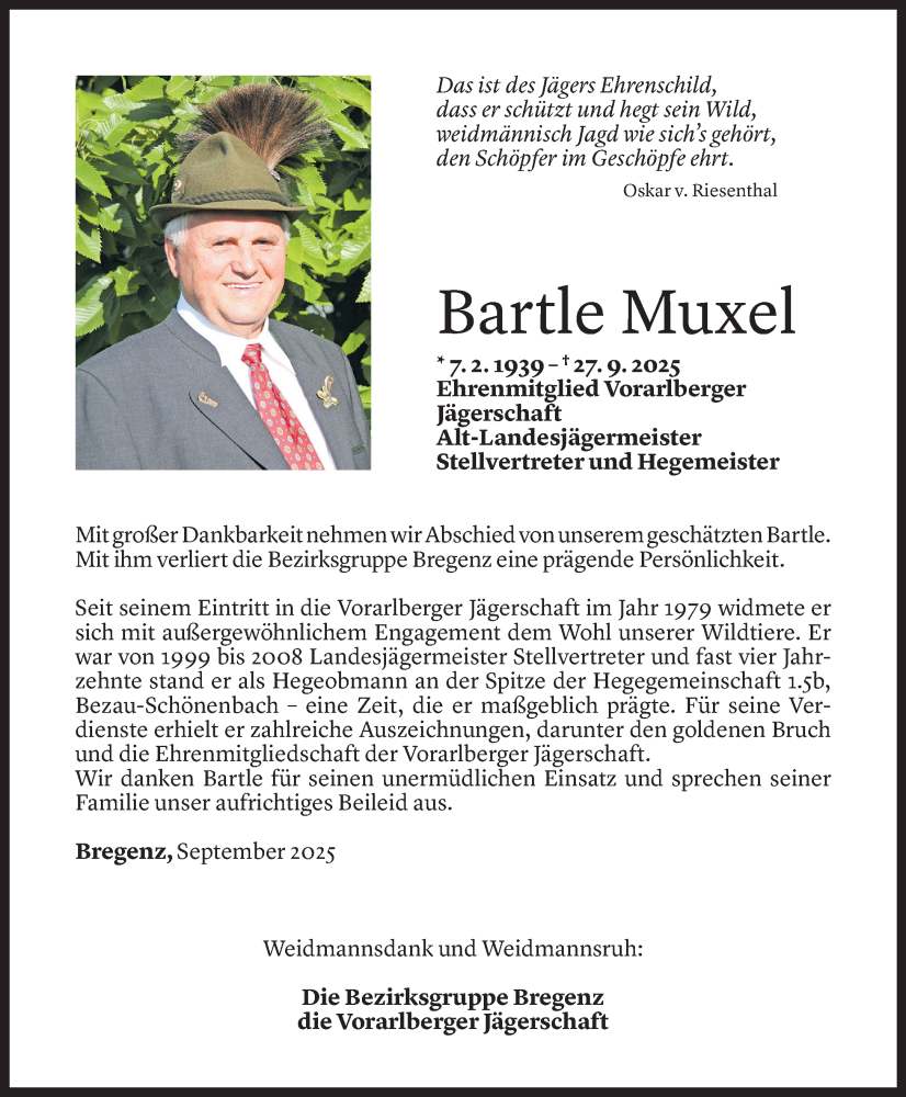  Todesanzeige für Bartle Muxel vom 02.10.2025 aus Vorarlberger Nachrichten