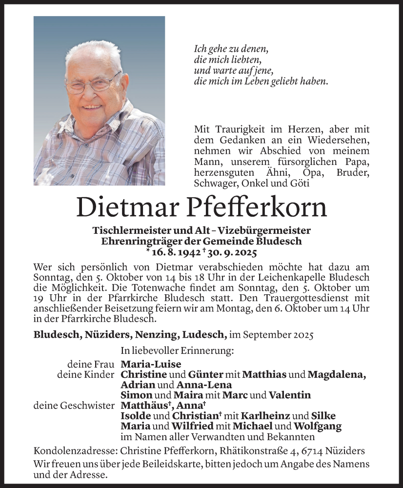  Todesanzeige für Dietmar Pfefferkorn vom 03.10.2025 aus Vorarlberger Nachrichten