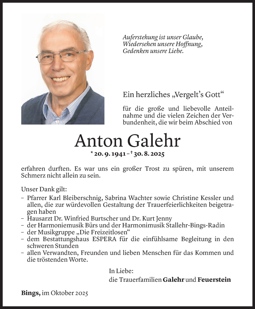  Todesanzeige für Anton Galehr vom 24.10.2025 aus Vorarlberger Nachrichten