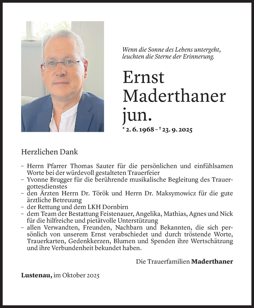  Todesanzeige für Ernst Maderthaner vom 30.10.2025 aus Vorarlberger Nachrichten