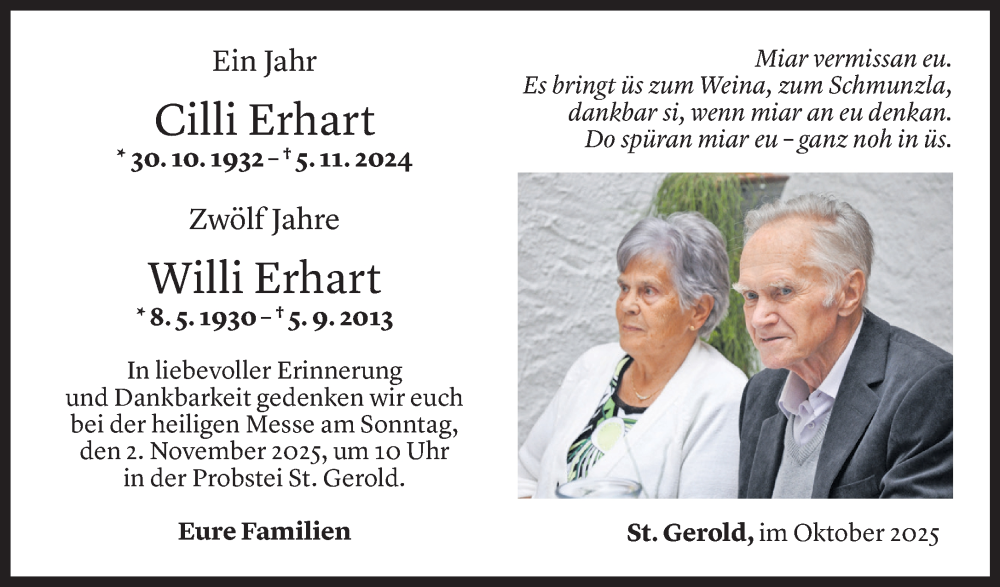  Todesanzeige für Cilli Erhart vom 31.10.2025 aus Vorarlberger Nachrichten