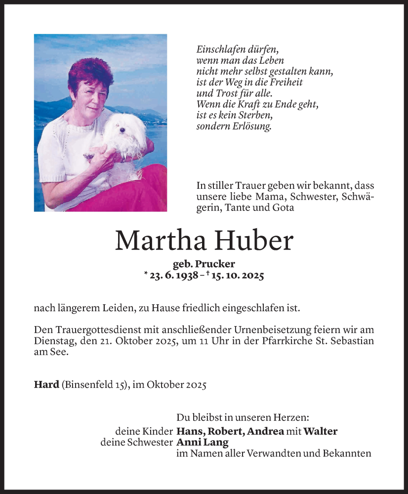  Todesanzeige für Martha Huber vom 17.10.2025 aus Vorarlberger Nachrichten