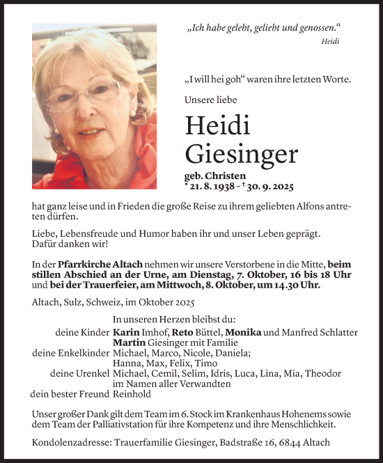 Todesanzeige von Heidi Giesinger von Vorarlberger Nachrichten