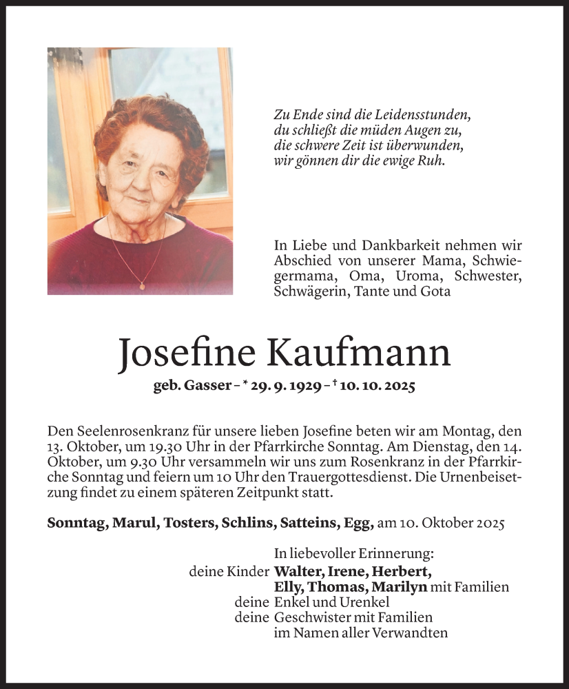  Todesanzeige für Josefine Kaufmann vom 10.10.2025 aus Vorarlberger Nachrichten