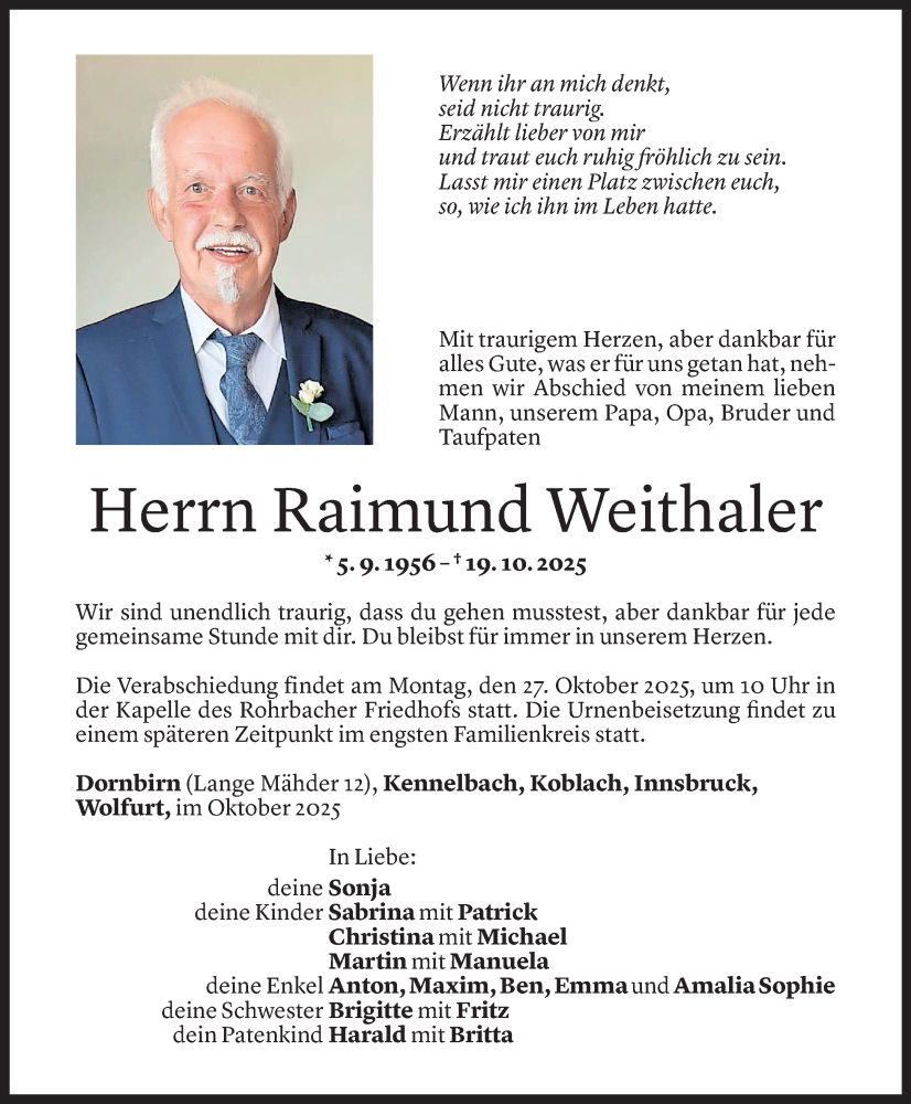  Todesanzeige für Raimund Weithaler vom 24.10.2025 aus Vorarlberger Nachrichten