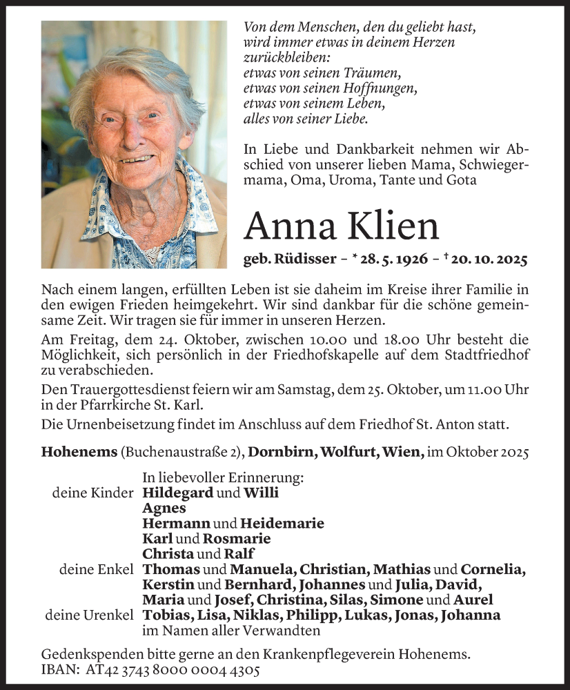  Todesanzeige für Anna Klien vom 22.10.2025 aus Vorarlberger Nachrichten