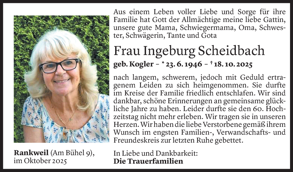  Todesanzeige für Ingeburg Scheidbach vom 27.10.2025 aus Vorarlberger Nachrichten