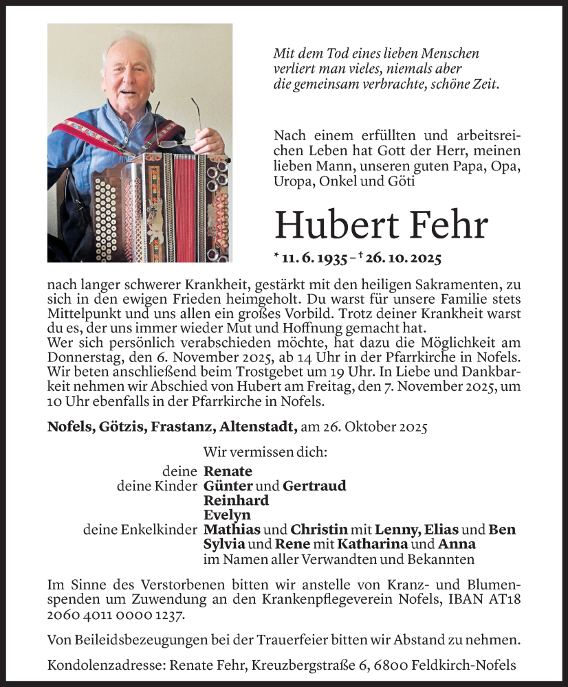  Todesanzeige für Hubert Fehr vom 29.10.2025 aus Vorarlberger Nachrichten