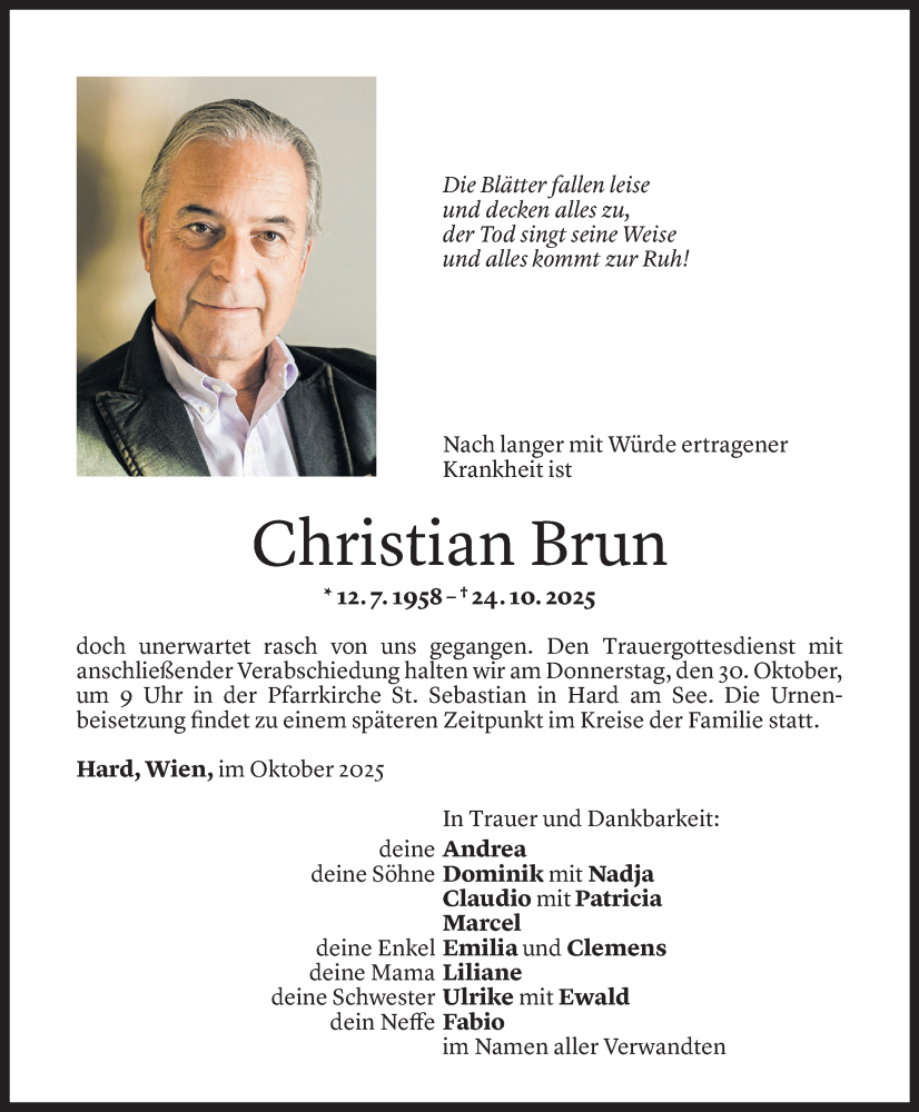  Todesanzeige für Christian Brun vom 27.10.2025 aus Vorarlberger Nachrichten