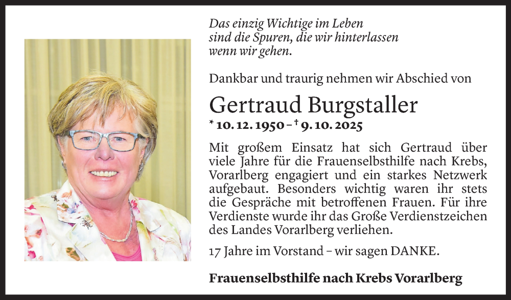  Todesanzeige für Gertraud Burgstaller vom 17.10.2025 aus Vorarlberger Nachrichten