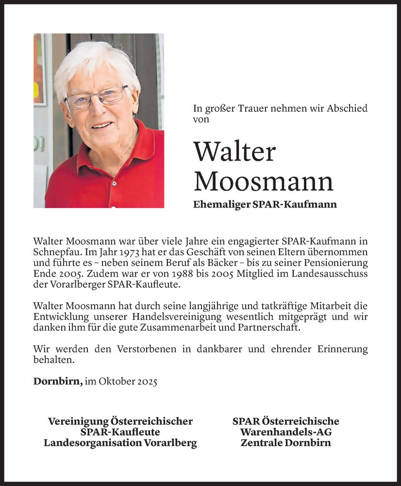  Todesanzeige für Walter Moosmann vom 15.10.2025 aus Vorarlberger Nachrichten