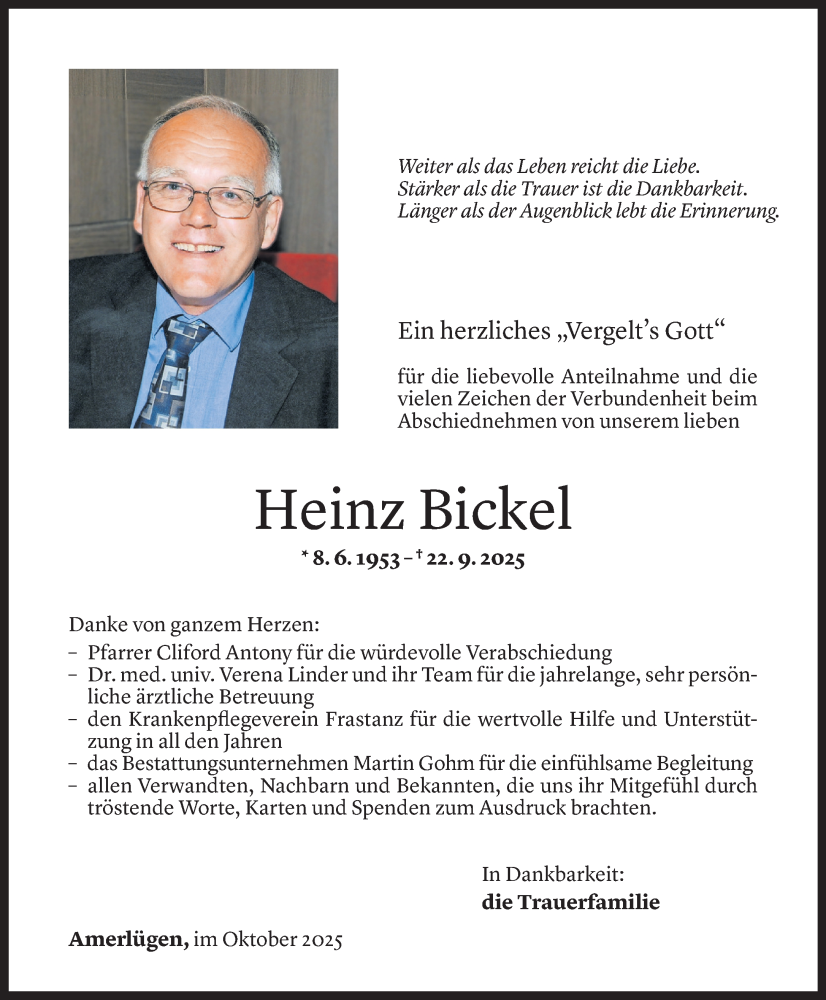  Todesanzeige für Heinz Bickel vom 16.10.2025 aus Vorarlberger Nachrichten