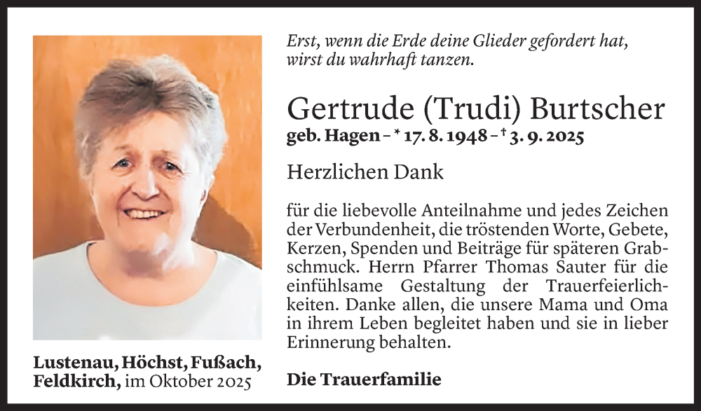  Todesanzeige für Gertrude Burtscher vom 10.10.2025 aus Vorarlberger Nachrichten