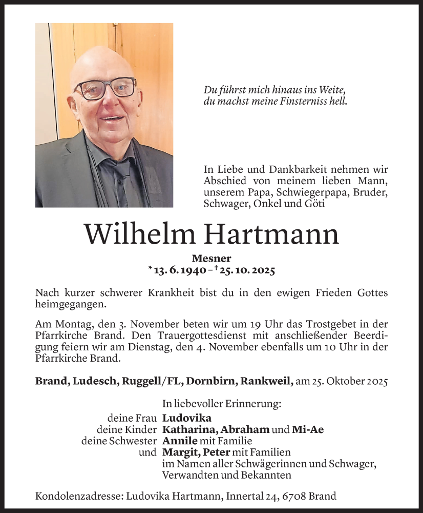  Todesanzeige für Wilhelm Hartmann vom 30.10.2025 aus Vorarlberger Nachrichten