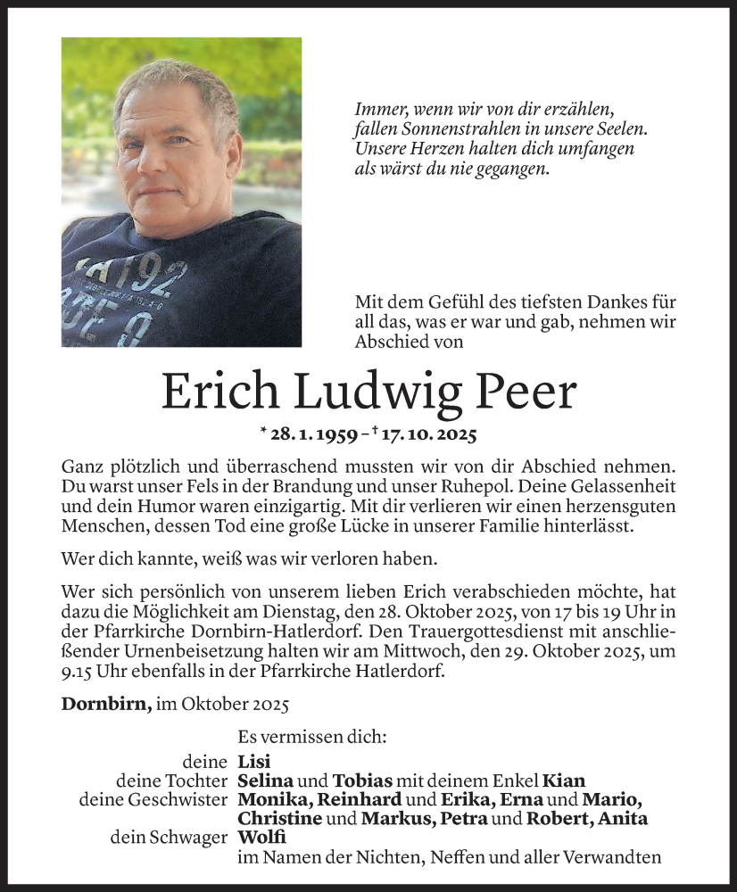  Todesanzeige für Erich Ludwig Peer vom 23.10.2025 aus Vorarlberger Nachrichten
