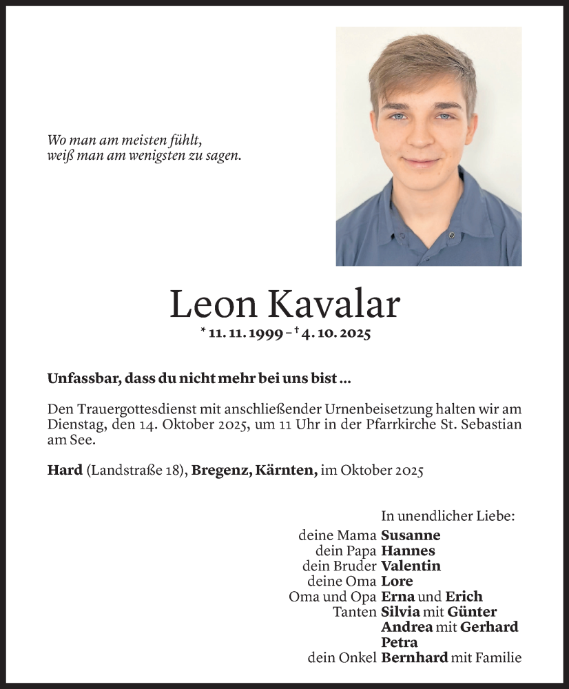  Todesanzeige für Leon Kavalar vom 10.10.2025 aus Vorarlberger Nachrichten