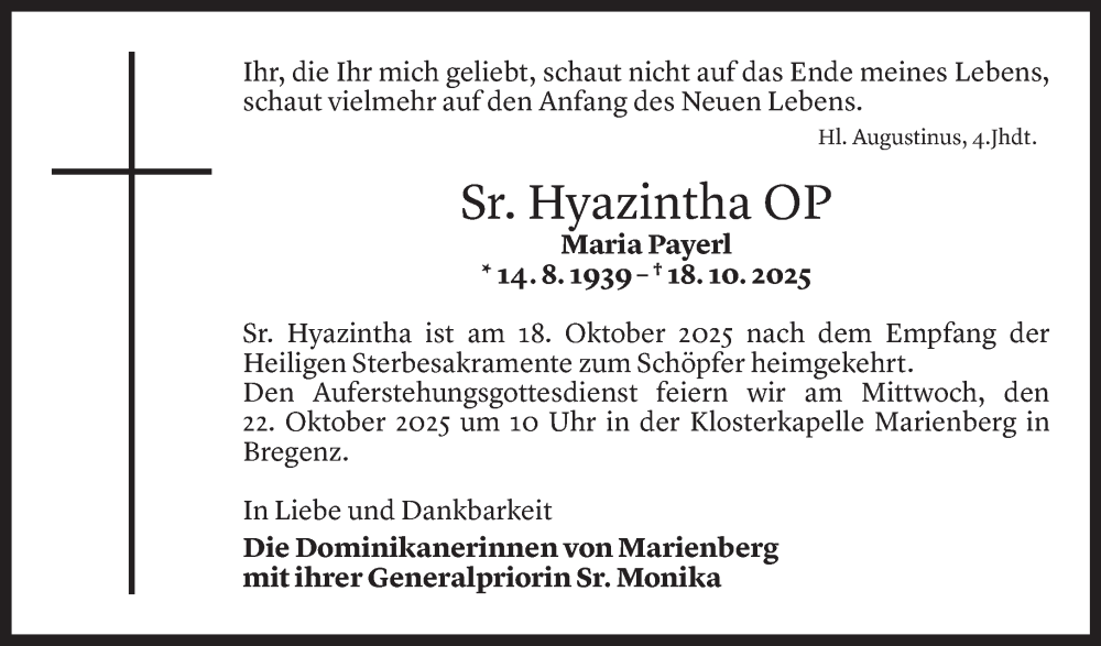  Todesanzeige für Hyazintha Op vom 20.10.2025 aus Vorarlberger Nachrichten