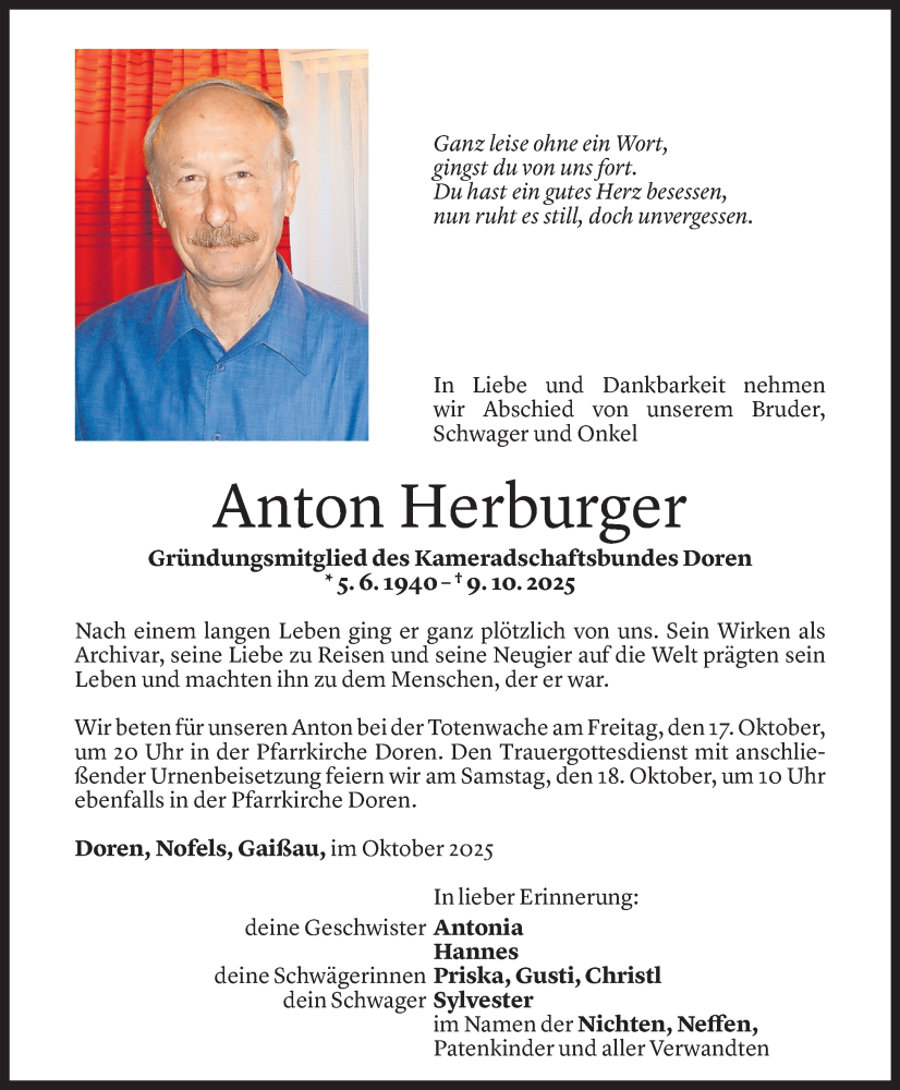  Todesanzeige für Anton Herburger vom 14.10.2025 aus Vorarlberger Nachrichten
