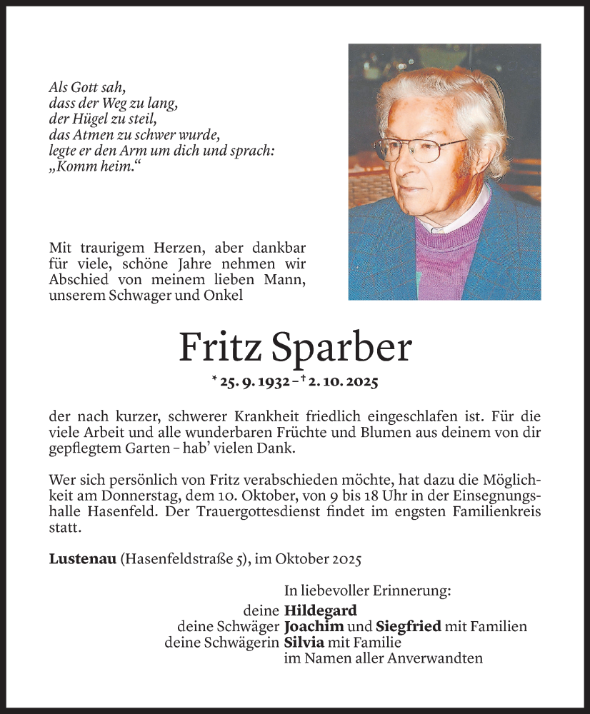  Todesanzeige für Fritz Sparber vom 06.10.2025 aus Vorarlberger Nachrichten