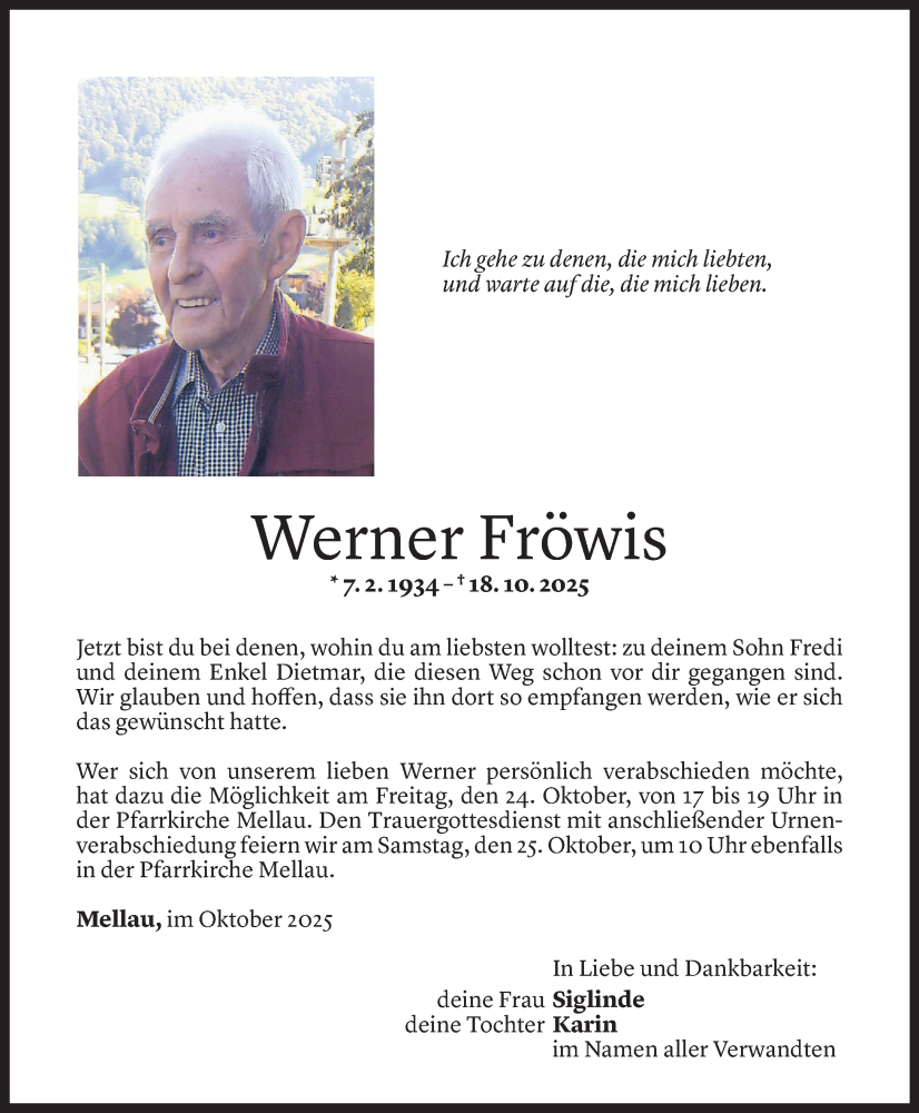  Todesanzeige für Werner Fröwis vom 22.10.2025 aus Vorarlberger Nachrichten