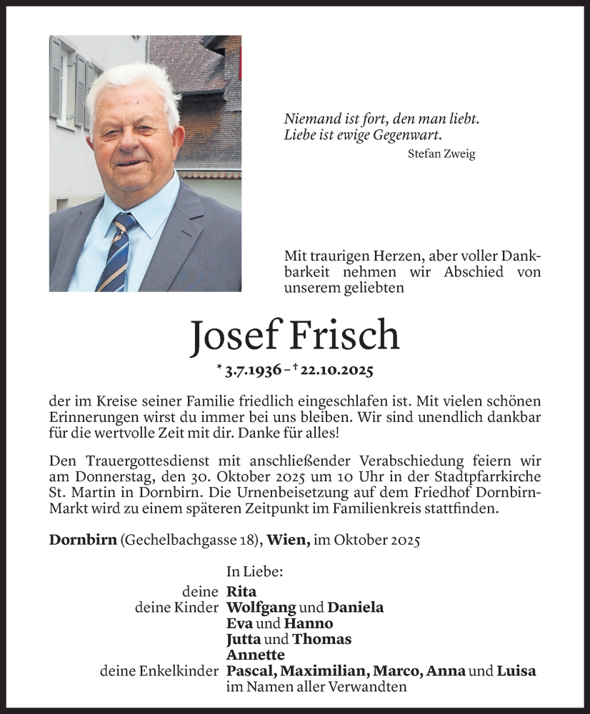  Todesanzeige für Josef Frisch vom 27.10.2025 aus Vorarlberger Nachrichten