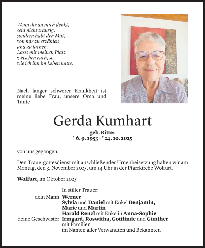  Todesanzeige für Gerda Kumhart vom 29.10.2025 aus Vorarlberger Nachrichten