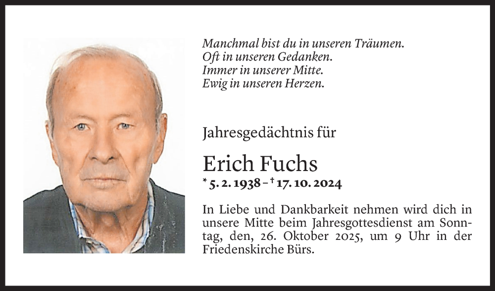  Todesanzeige für Erich Fuchs vom 23.10.2025 aus Vorarlberger Nachrichten