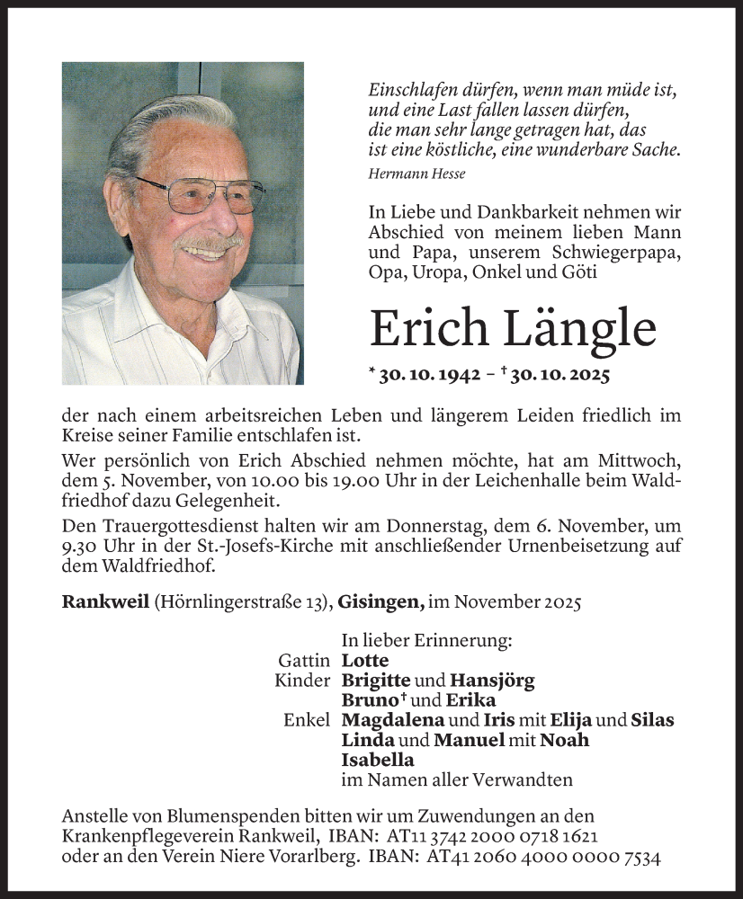  Todesanzeige für Erich Längle vom 02.11.2025 aus Vorarlberger Nachrichten
