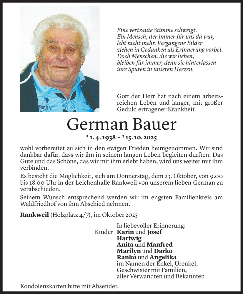 Todesanzeige für German Bauer vom 20.10.2025 aus Vorarlberger Nachrichten
