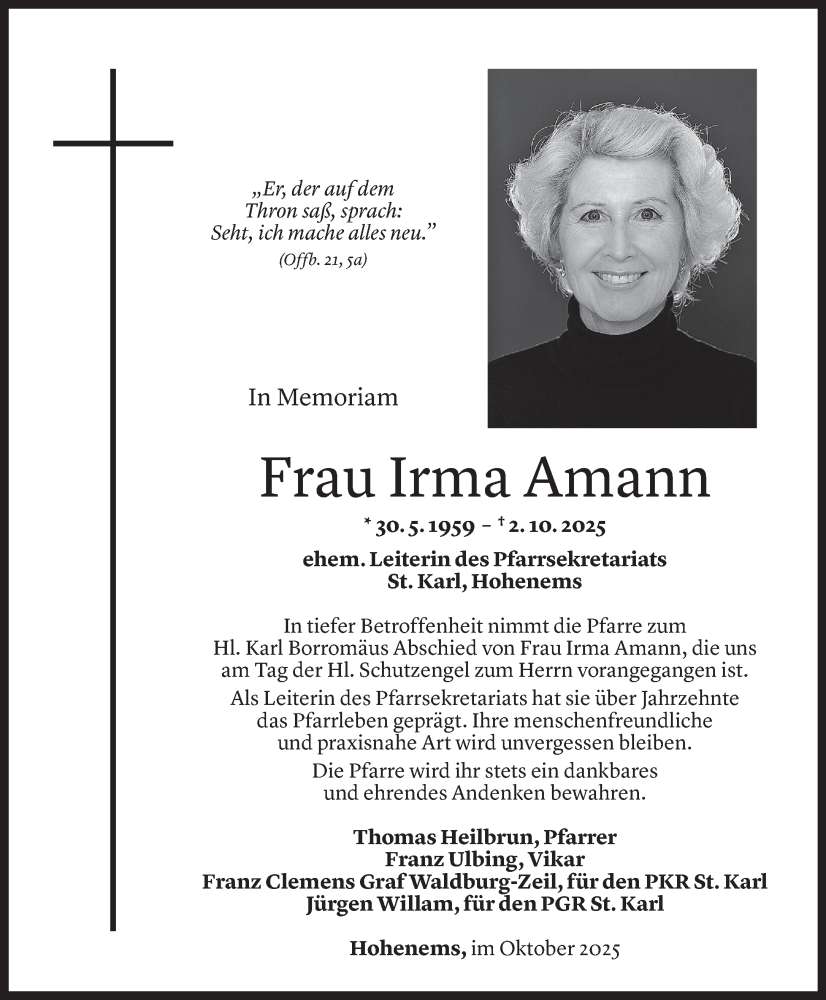  Todesanzeige für Irma Amann vom 06.10.2025 aus Vorarlberger Nachrichten