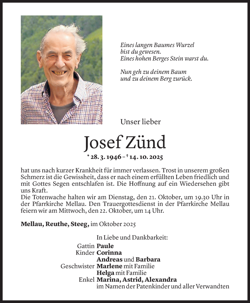  Todesanzeige für Josef Zünd vom 18.10.2025 aus Vorarlberger Nachrichten