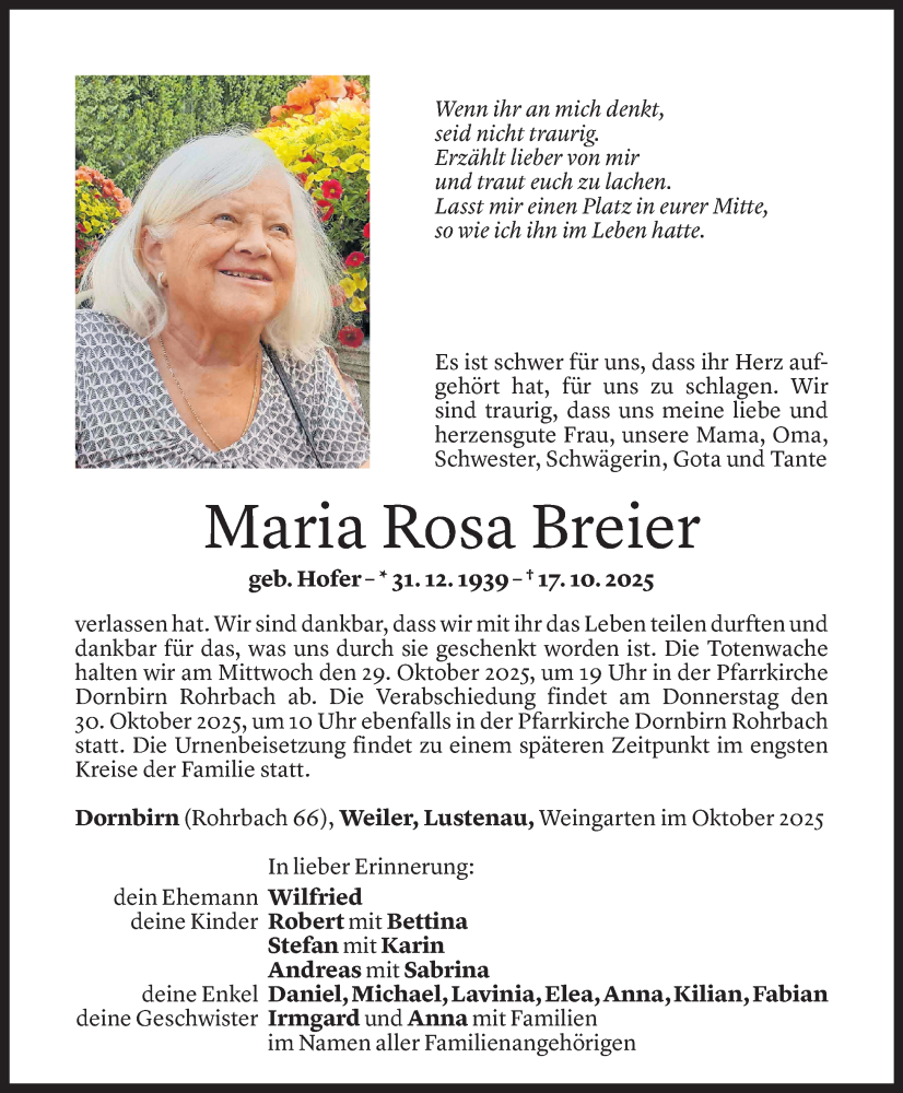  Todesanzeige für Maria Rosa Breier vom 24.10.2025 aus Vorarlberger Nachrichten