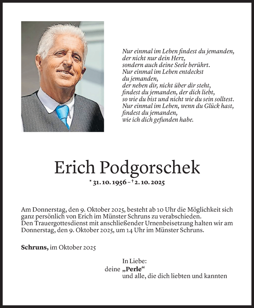  Todesanzeige für Erich Podgorschek vom 03.10.2025 aus Vorarlberger Nachrichten