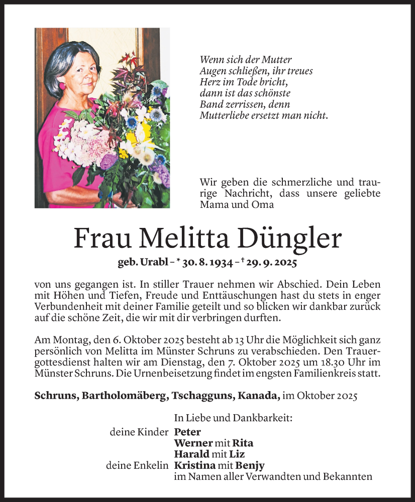  Todesanzeige für Melitta Düngler vom 03.10.2025 aus Vorarlberger Nachrichten