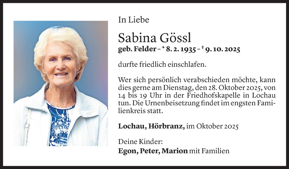  Todesanzeige für Sabina Gössl vom 24.10.2025 aus Vorarlberger Nachrichten