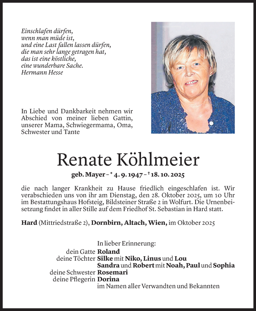  Todesanzeige für Renate Köhlmeier vom 24.10.2025 aus Vorarlberger Nachrichten