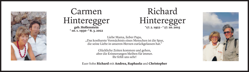  Todesanzeige für Carmen Hinteregger vom 31.10.2025 aus Vorarlberger Nachrichten