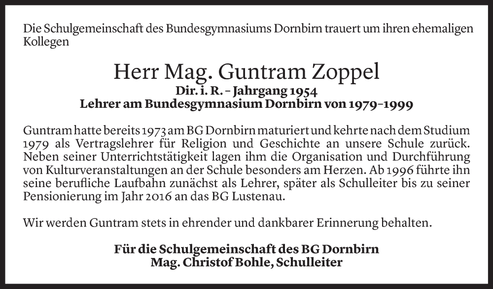  Todesanzeige für Guntram Zoppel vom 31.10.2025 aus Vorarlberger Nachrichten