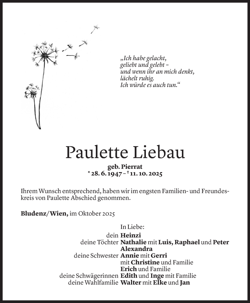  Todesanzeige für Paulette Liebau vom 21.10.2025 aus Vorarlberger Nachrichten