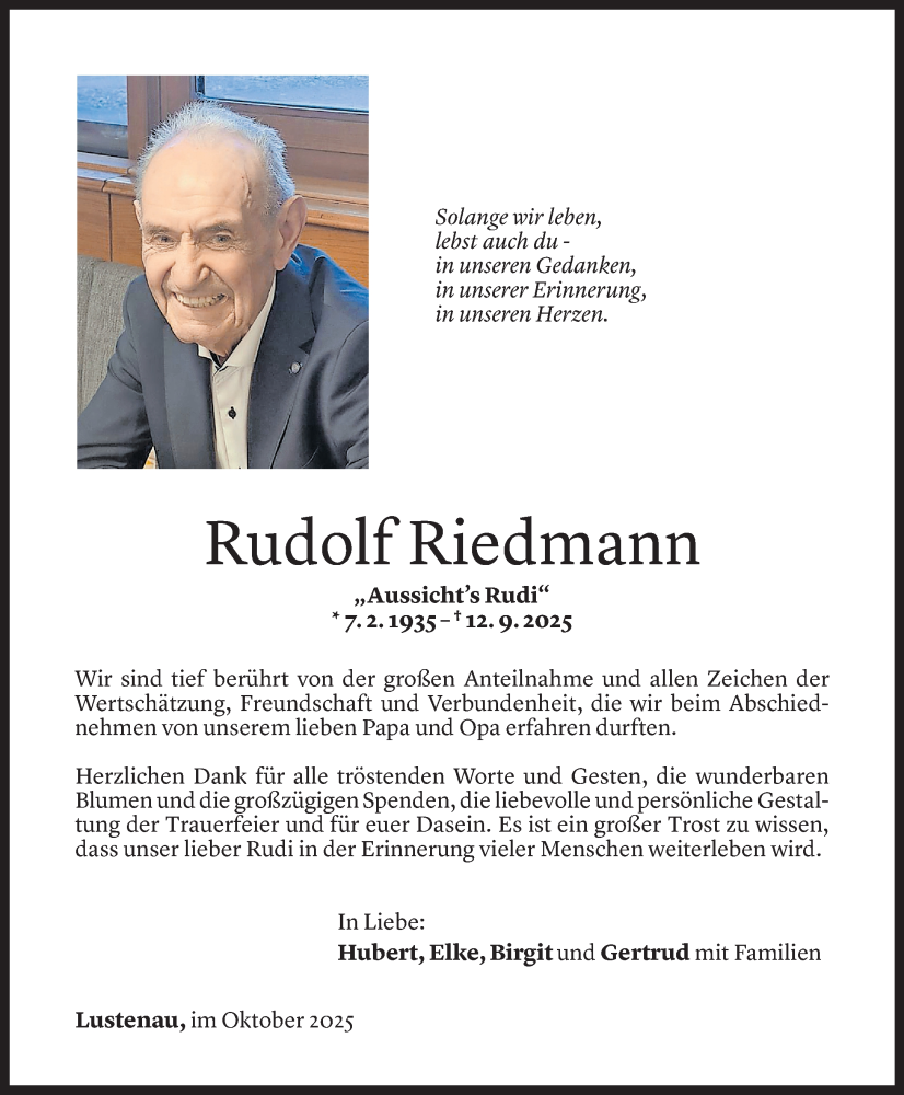  Todesanzeige für Rudolf Riedmann vom 16.10.2025 aus Vorarlberger Nachrichten