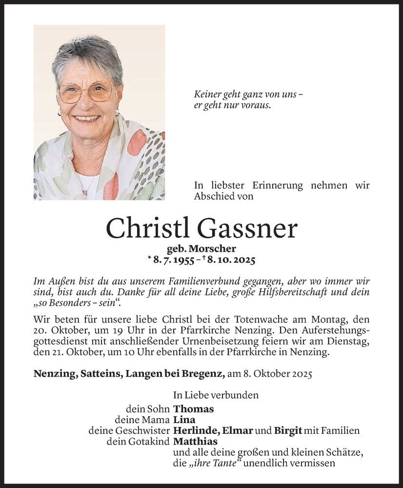  Todesanzeige für Christl Gassner vom 10.10.2025 aus Vorarlberger Nachrichten