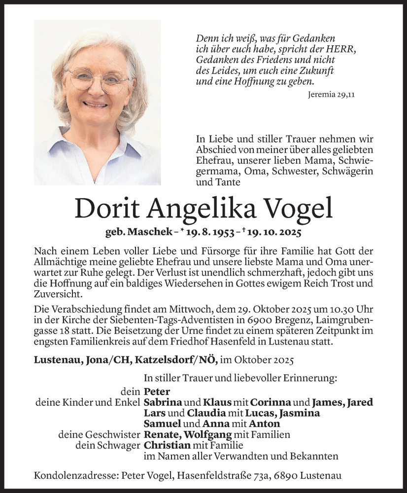  Todesanzeige für Dorit Angelika Vogel vom 23.10.2025 aus Vorarlberger Nachrichten