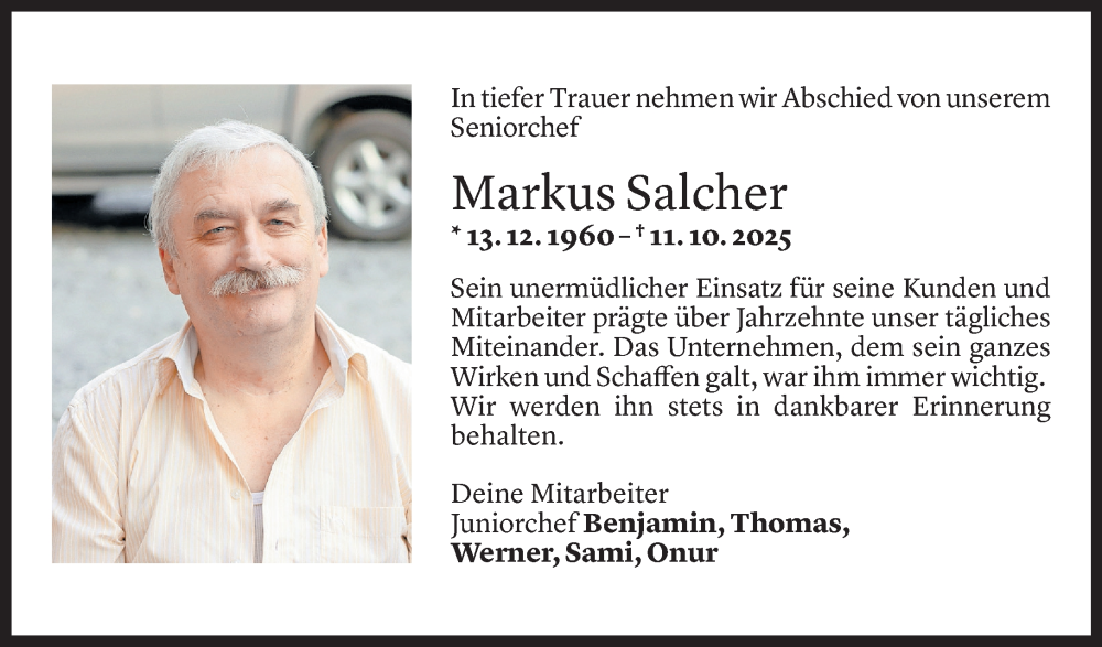  Todesanzeige für Markus Salcher vom 17.10.2025 aus Vorarlberger Nachrichten