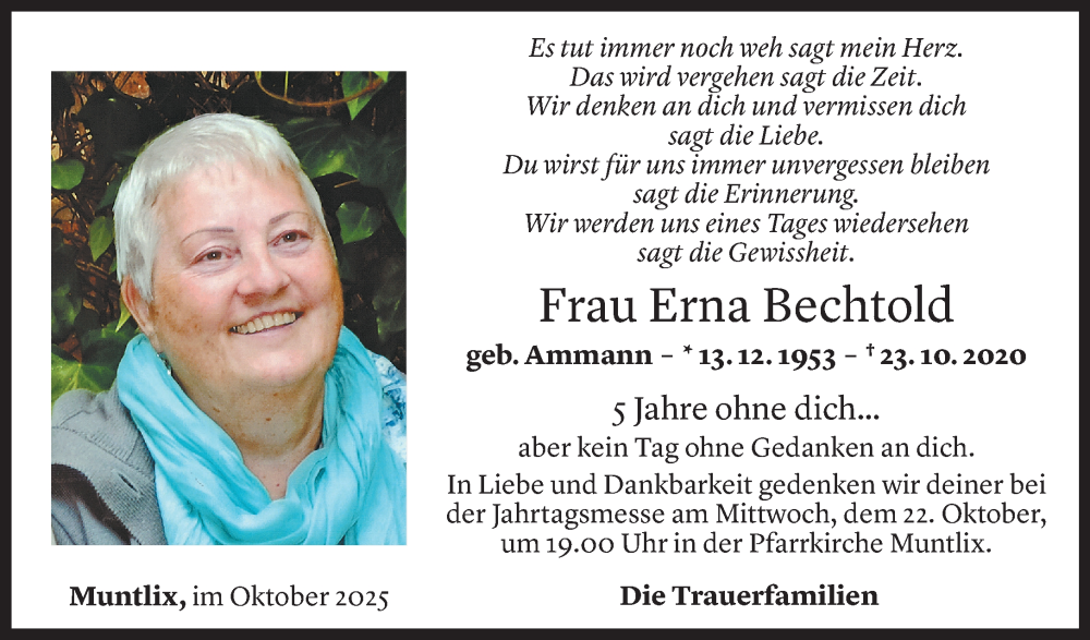  Todesanzeige für Erna Bechtold vom 19.10.2025 aus Vorarlberger Nachrichten