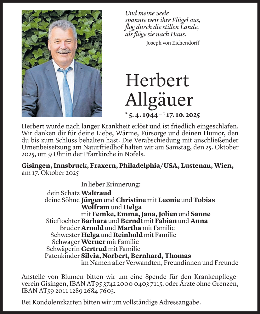  Todesanzeige für Herbert Allgäuer vom 21.10.2025 aus Vorarlberger Nachrichten